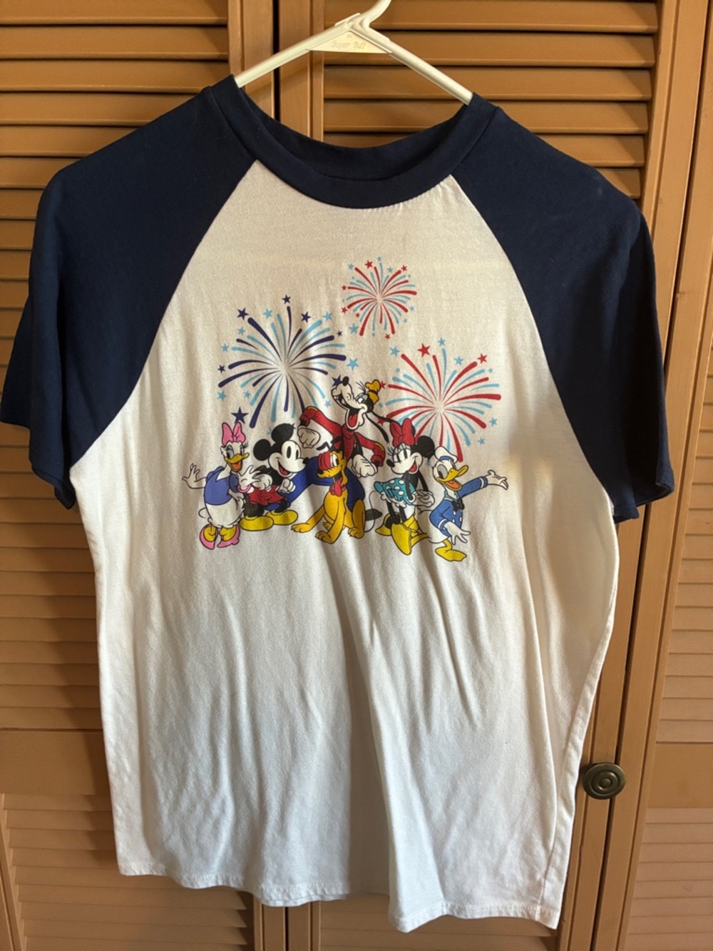 Disney White & Navy Raglan Tee with Classic Characters and Fireworks